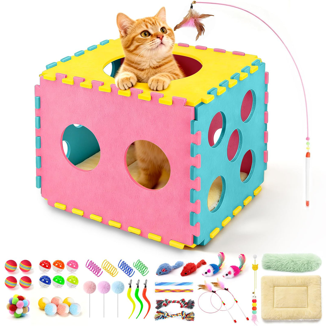 DoubleCare 41 Stück Interaktives Katzenspielzeug Set, Katzen Spielzeug mit Faltbarem Haustierbett au