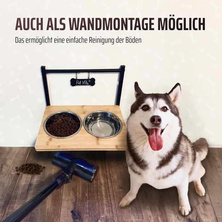 PetVita® - Erhöhter Hundenapf: ALLinONE Hundebar, 12 mal höhenverstellbar mit 2 Edelstahlnäpfen, Fut