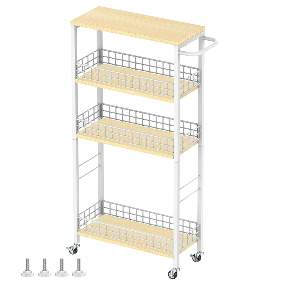 CADUKE 4 Tier schlanker Lagerwagen, schmaler Küchenwagen auf Rädern, Utility Rolling Cart mit Holzti