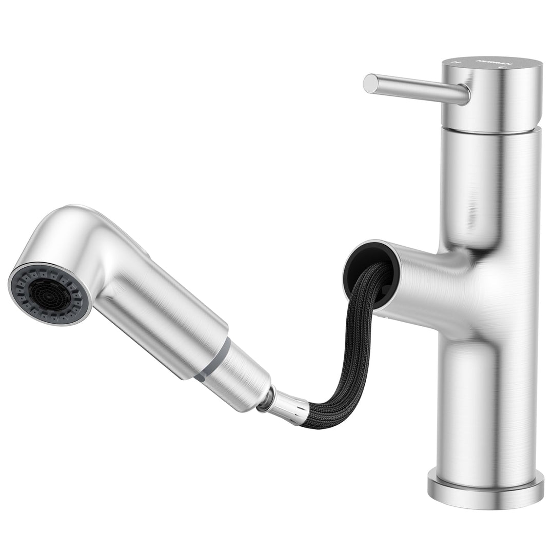 HURRAN Ausziehbare Wasserhahn Bad, Einhebelmischer für Waschbecken, Niedrig Waschtischarmatur mit 2
