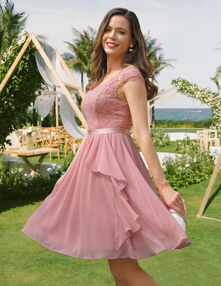 Wedtrend Cocktailkleid Damen Knielang Abendkleid Elegant für Hochzeit Elegant A Linie Rüschenkleid B