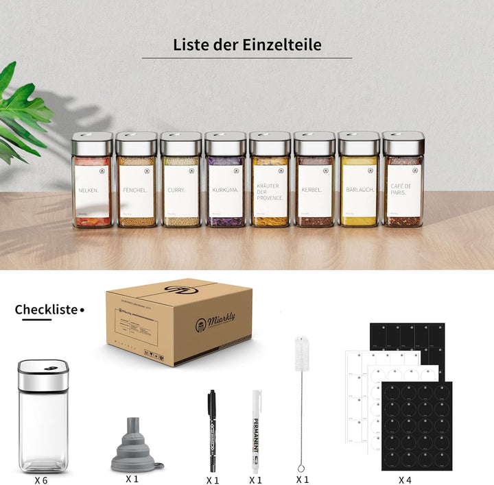 Miorkly 6 Gewürzgläser Eckig-120ML Gewürzdosen Set mit Streueinsatz,Gewürzstreuer mit Drehdeckel-Sta