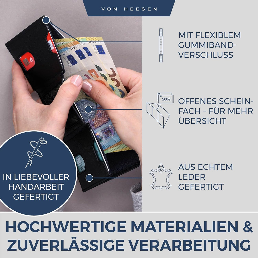 VON HEESEN Slim Wallet mit XL Münzfach &amp; RFID-Schutz - Leder Geldbeutel - Mini Geldbörse für Herren