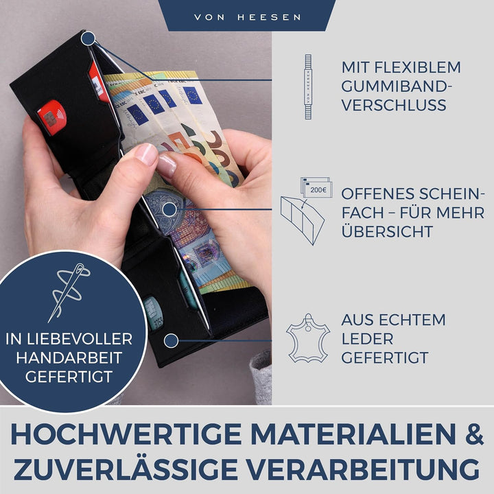 VON HEESEN Slim Wallet mit XL Münzfach &amp; RFID-Schutz - Leder Geldbeutel - Mini Geldbörse für Herren