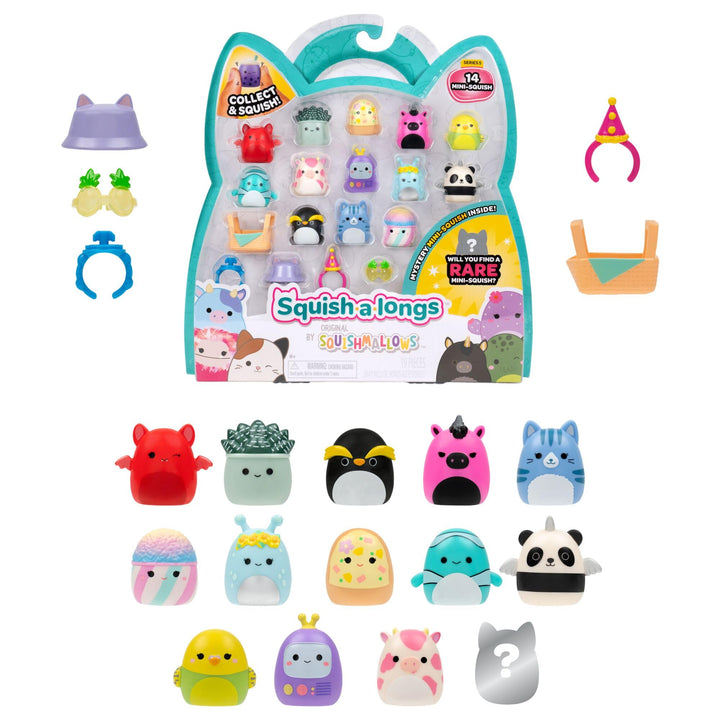 Squish-a-longs SQAL0267-14er Pack, enthält 14x 2,5 cm Mini-Squish mit 4X Accessoires, 1x Ring und 1x