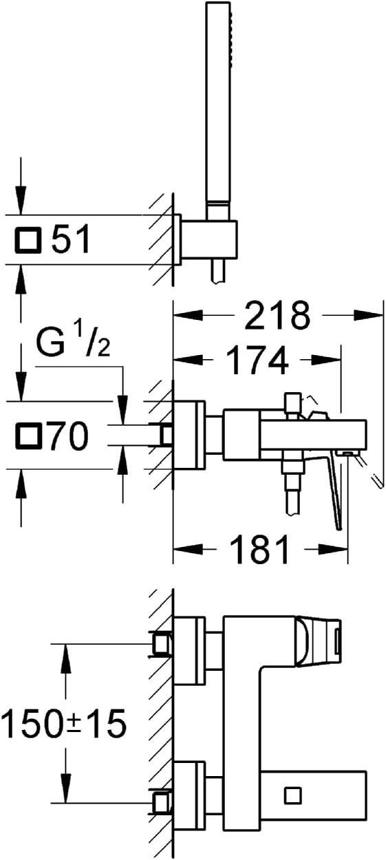 GROHE Eurocube Wanne - Wannenarmatur | mit HANDBRAUSE, Wandhalter und Schlauch | 23141000 & Eurocube