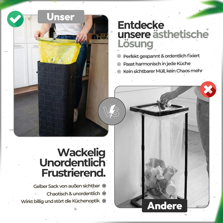 Gelber Sack Ständer aus Bambus – 70L Müllsackständer mit Deckel – Stabiler Behälter für Gelbe Säcke