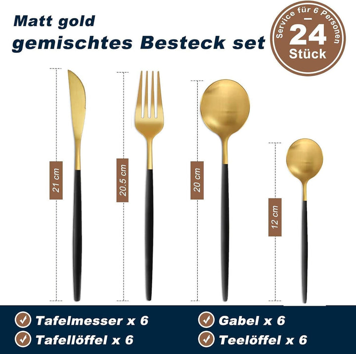 Bestdin Besteck Set 6 Personen, 24 teilig Besteck Schwarz Gold Matt, Essbesteck Set mit Messer Gabel