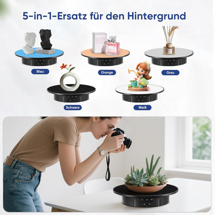 Elektrischer Drehteller Elektrisch, Drehscheibe 20cm mit 5 Hintergründen für Produktfotografie & Liv