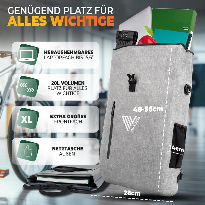 MIVELO - 3 in 1 Fahrradtasche - Rucksack - Schultertasche wasserdicht 100% PVC frei, mit Laptopfach