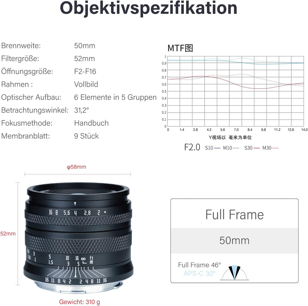 AstrHori 50 mm F2.0 Grosse Blende Vollformat-Objektiv mit manueller Festbrennweite mit Blur-Effekt &