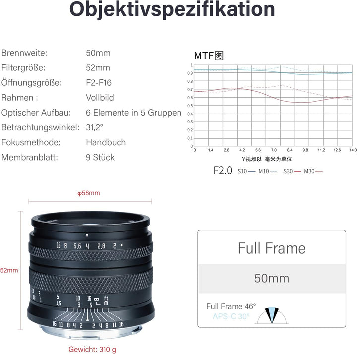 AstrHori 50 mm F2.0 Grosse Blende Vollformat-Objektiv mit manueller Festbrennweite mit Blur-Effekt &