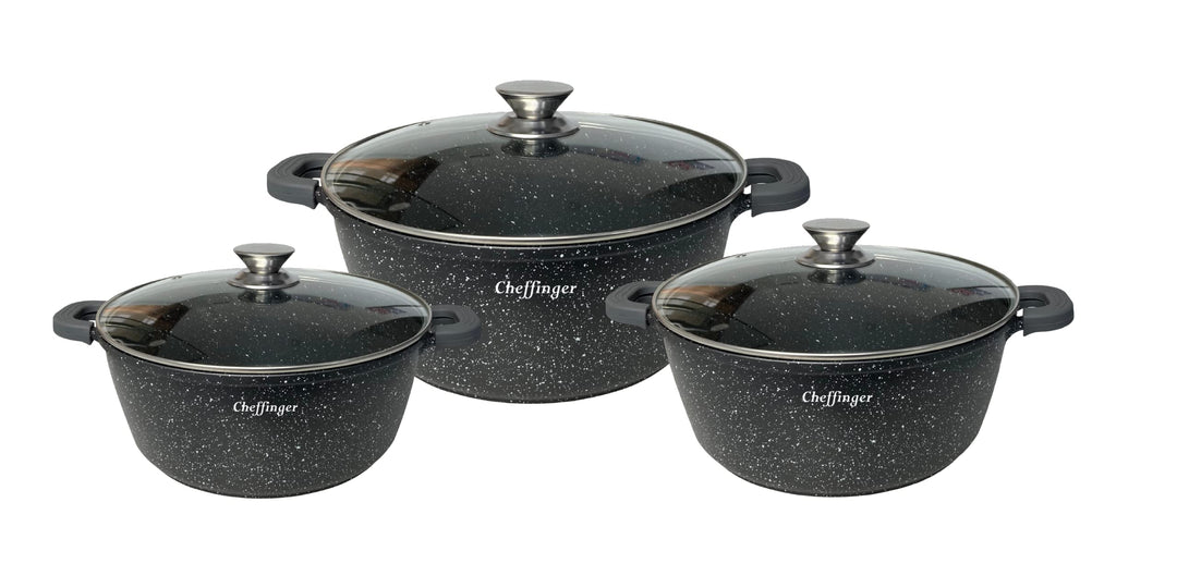 6-Teilig Kochgeschirr-Set 20/24 / 28 cm Topf Induktion Alu Guss Pfanne Topfset Kochtopfset Marmor