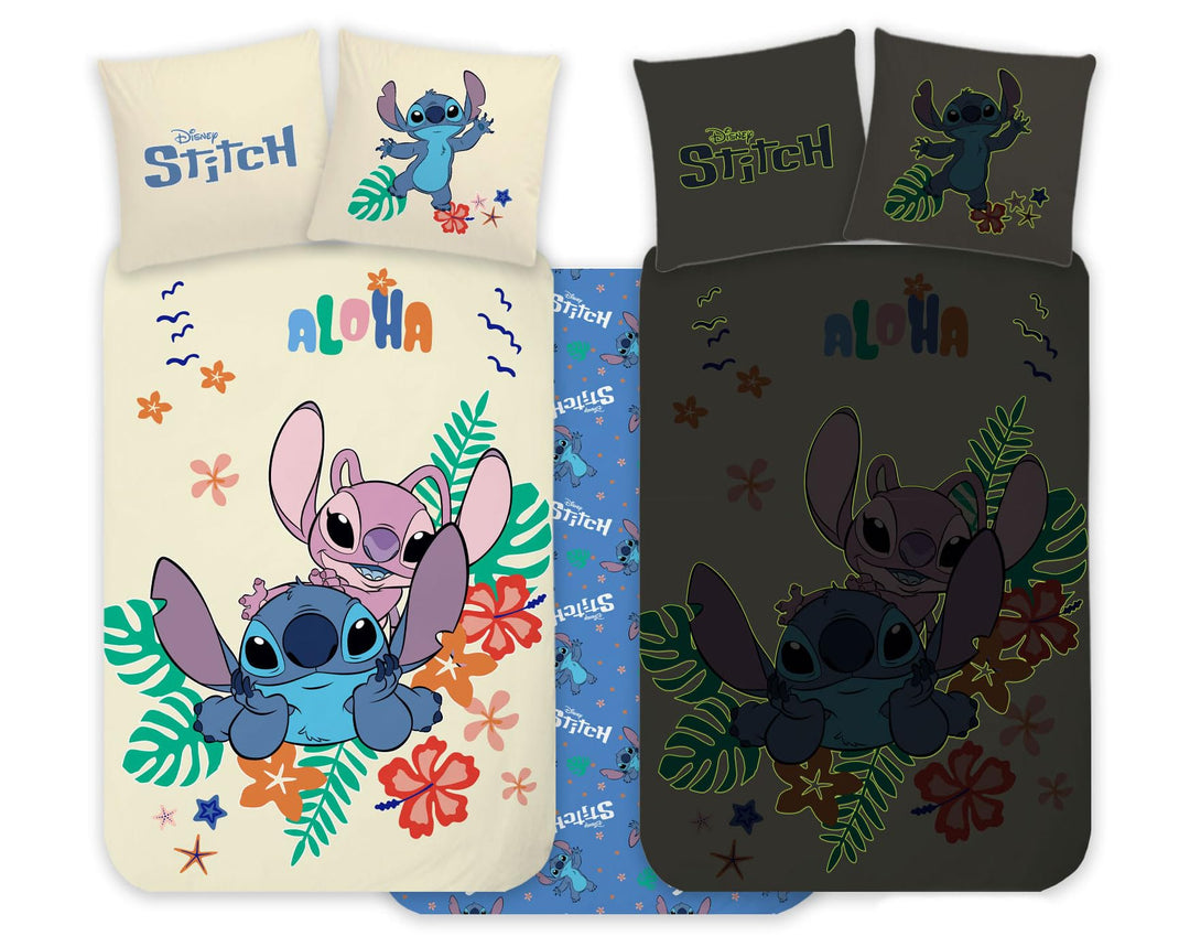 Stitch & Angel Bettwäsche Set 100x135 cm mit Kissenbezug 40x60 cm 100% Baumwolle | Nachtleuchtender