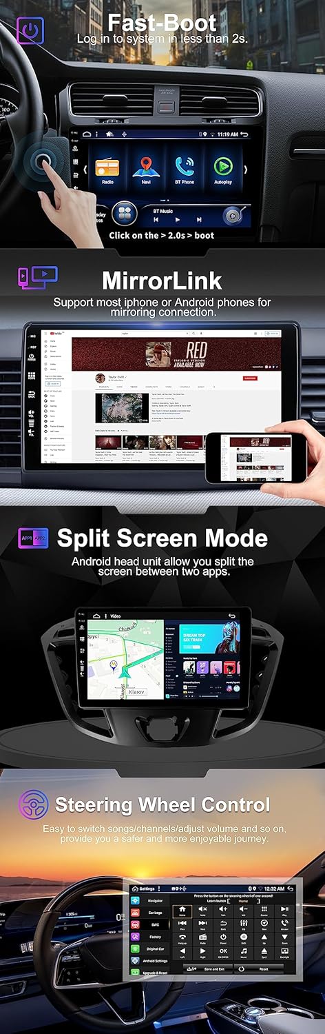 SXAUTO Android 12 IPS Autoradio Passt für Ford Tourneo/Ford Transit Custom (2013-2021) - Eingebaut C