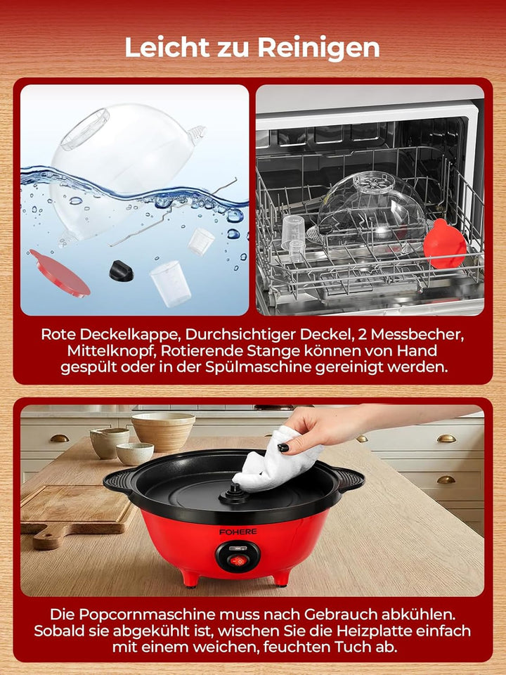 FOHERE 4,5L Popcornmaschine, 700W Popcorn Maschine mit 2 Messbecher für Zucker und Öl, Antihaftbesch