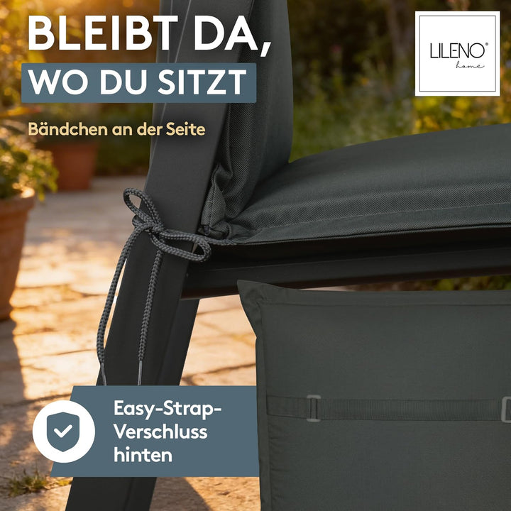 LILENO HOME Gartenstuhl Auflagen [4er Set - Hochlehner] in Anthrazit - Bequeme Liegen als Sitzauflag