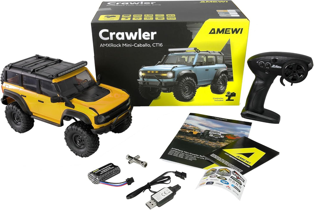 Amewi AMXRock Mini-Caballo Scale Crawler 4WD 1:16 RTR gelb inkl. Fernsteuerung, Akku, Ladekabel