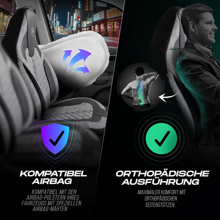 Autositzbezüge Universal für PKW & SUV – Premium Vordersitze Auto Sitzbezug aus Leinen, Grau-Schwarz