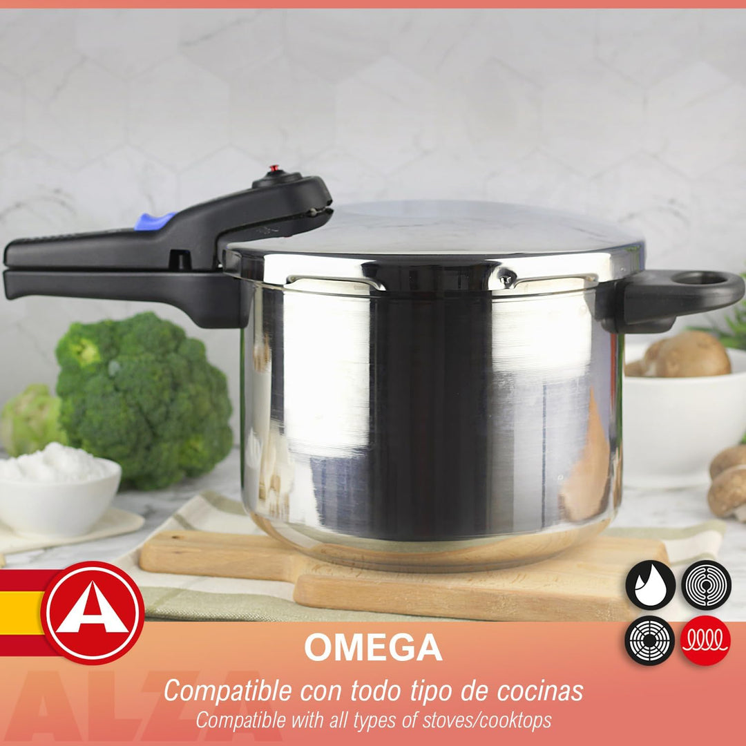 Alza Omega - Schnellkochtopf 6 Liter + Siebeinsatz, Edelstahl 18/10, Für Alle Herdarten Geeignet, In