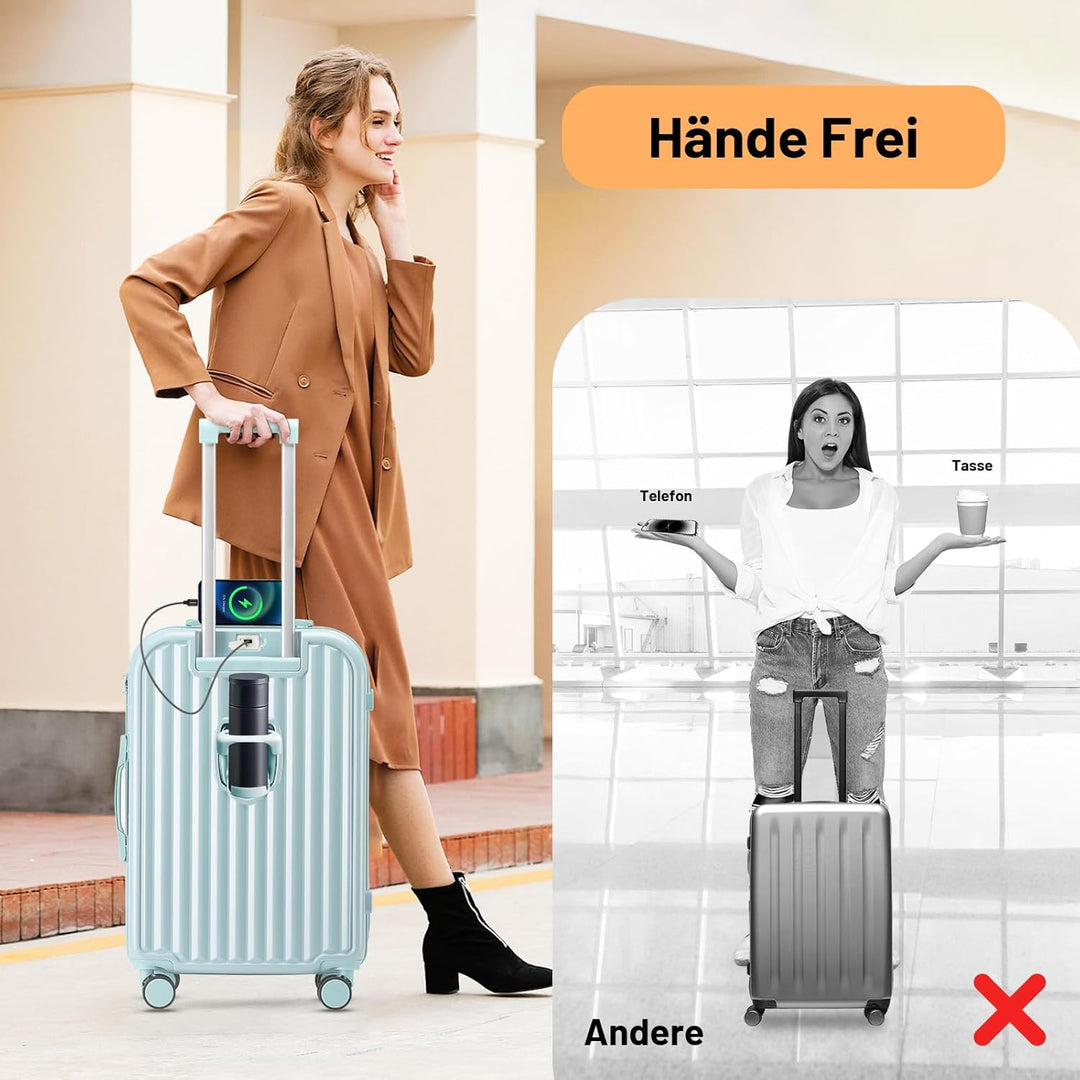 Kofferset 4 Teilig Hartschale Koffer Set mit Kosmetikkoffer Gepäcksets mit Getränkehalter USB-Anschl