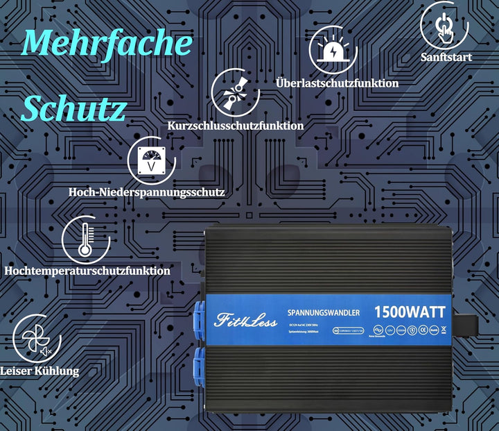 Reiner Sinuswelle Wechselrichter DC12V auf AC230W 50Hz mit Dual Shuko Buchsen, DC5V USB-Anschluss, L