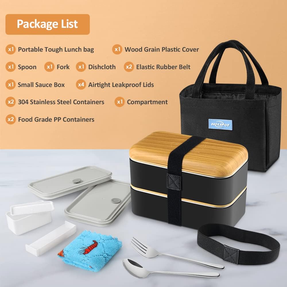 Bento Box Schwarz, Lunchbox Brotdose mit Fächern 2 Ebenen mit 2 Stück Umweltfreundlichen PP & Edelst