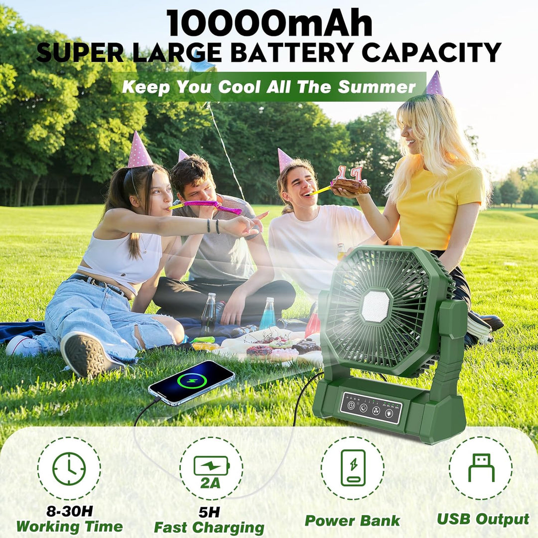 Camping Ventilator mit LED-Licht, Wiederaufladbarer Camping Fan mit Haken & Fernbedienung, 4 Geschwi