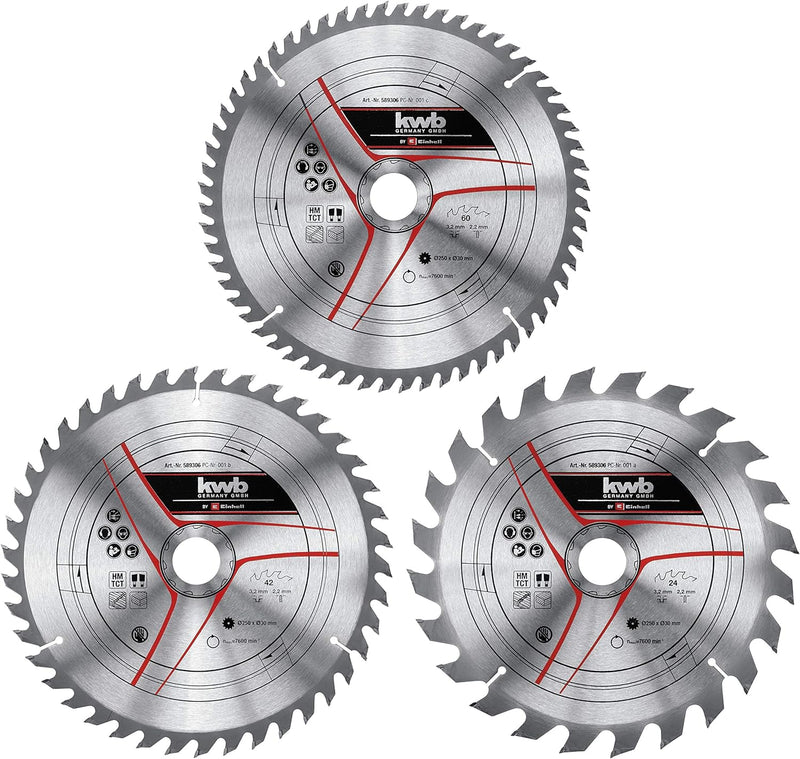 kwb by Einhell Kreissägeblattsatz 3-tlg. 250x30 mm Stat. Sägen-Zubehör (3x HM-Sägeblätter, Ø250x30 m