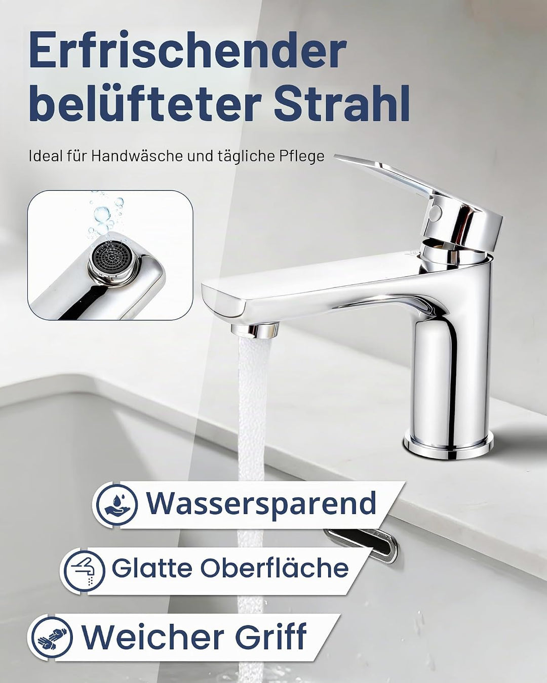 Wasserhahn Bad Edelstahl - Einhebelmischer Waschbecken - Bad Wasserhahn mit 60 mm Anschlussschlauch,
