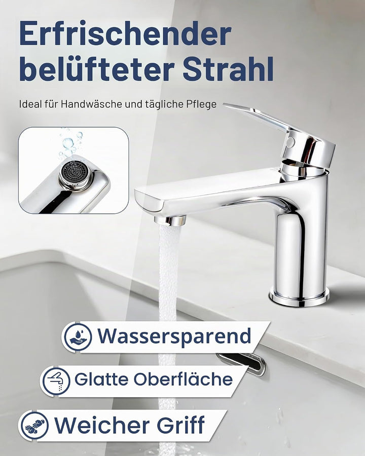 Wasserhahn Bad Edelstahl - Einhebelmischer Waschbecken - Bad Wasserhahn mit 60 mm Anschlussschlauch,