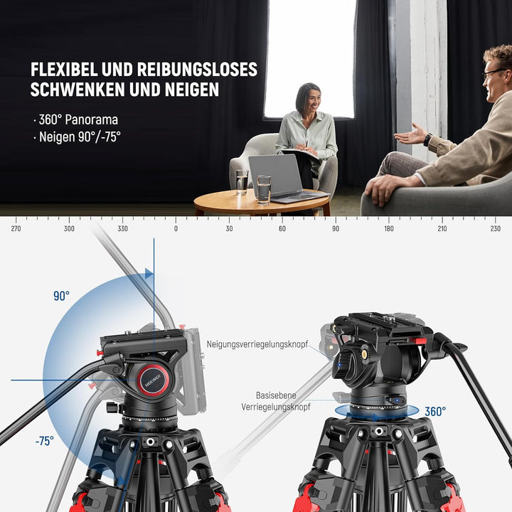 NEEWER 76" Kamera Videostativ mit Fluidkopf, One Step Schnellverschluss, Robustes Aluminium Tragesta