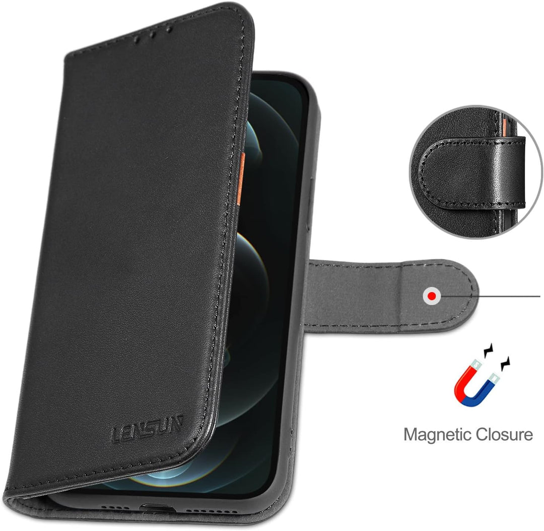 LENSUN Echtleder Hülle für iPhone 12 Pro Max, Handyhülle [Echtes Leder][Magnetverschluss][RFID Schut