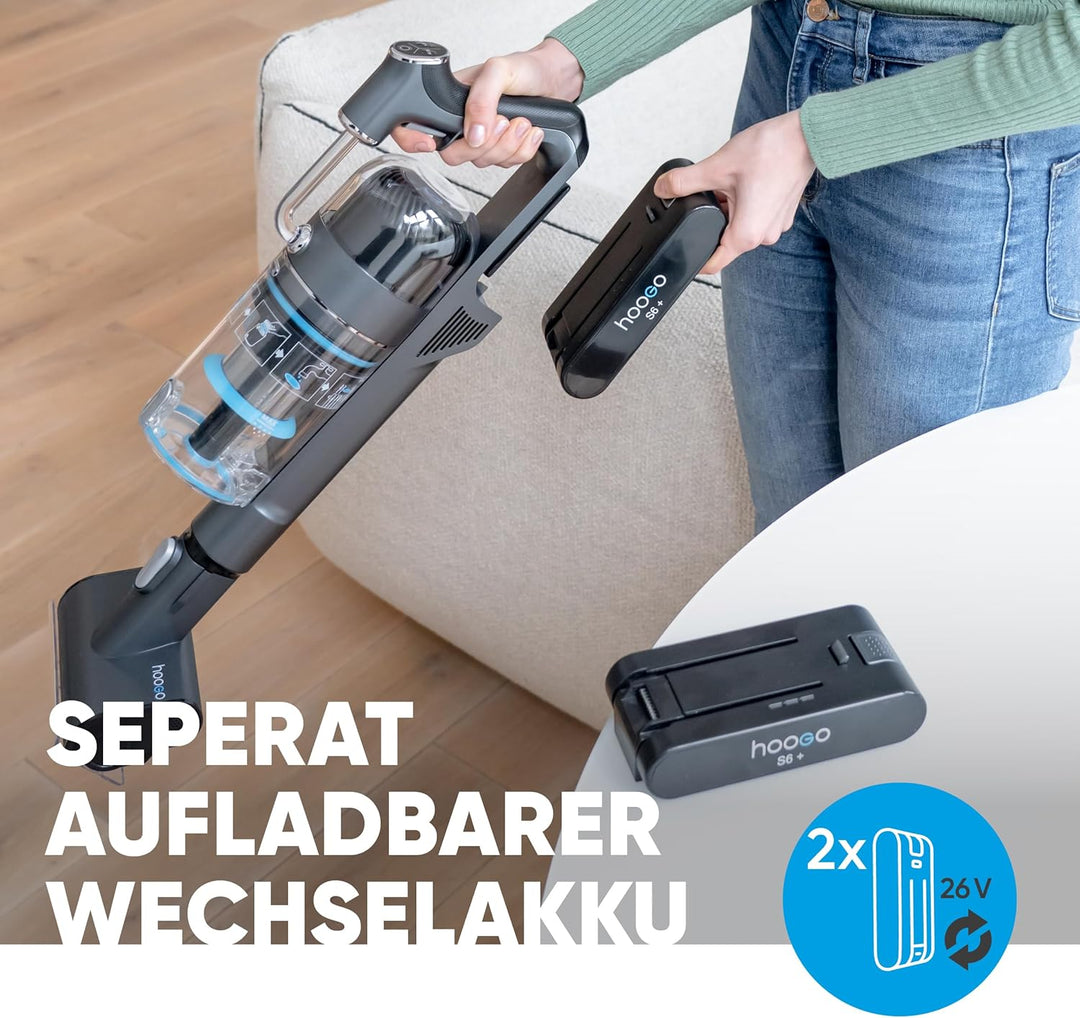hoogo Akku-Staubsauger S6+ 2in1 | beutellos kabellos | Laufzeit bis zu 100 Min. | Handstaubsauger |