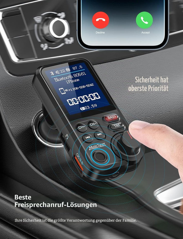 Nulaxy Bluetooth Adapter Auto, Starkes Mikrofon FM Transmitter Auto Bluetooth mit 1,8-Zoll-Farbbilds