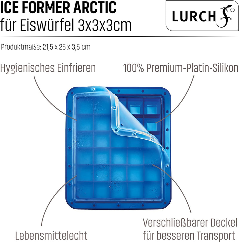 Lurch 240755 Ice Former Arctic Würfel 3cm blau Eiswürfelform für 30 Eiswürfel mit transparentem Deck