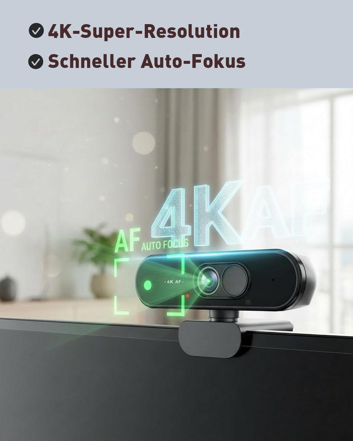 4K UHD Webcam mit Autofokus-Objektiv, kristallklarem Mikrofon, Privatsphäre-Abdeckung, ausfahrbarem