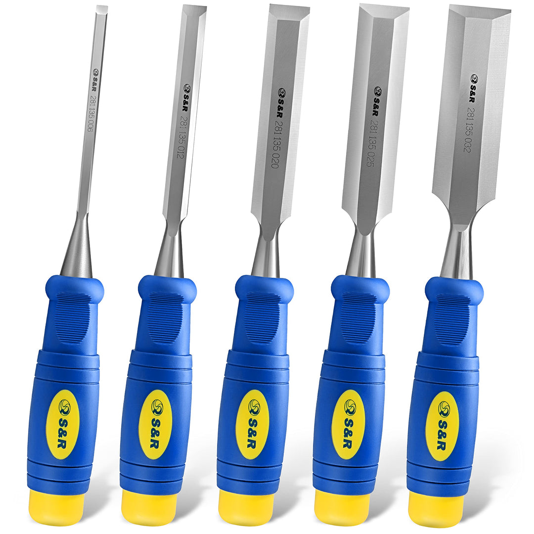S&R Stechbeitel Set 5 Stück: 6, 12, 20, 25, 32 mm, rutschfeste ergonomische Griffe, Professionelle S