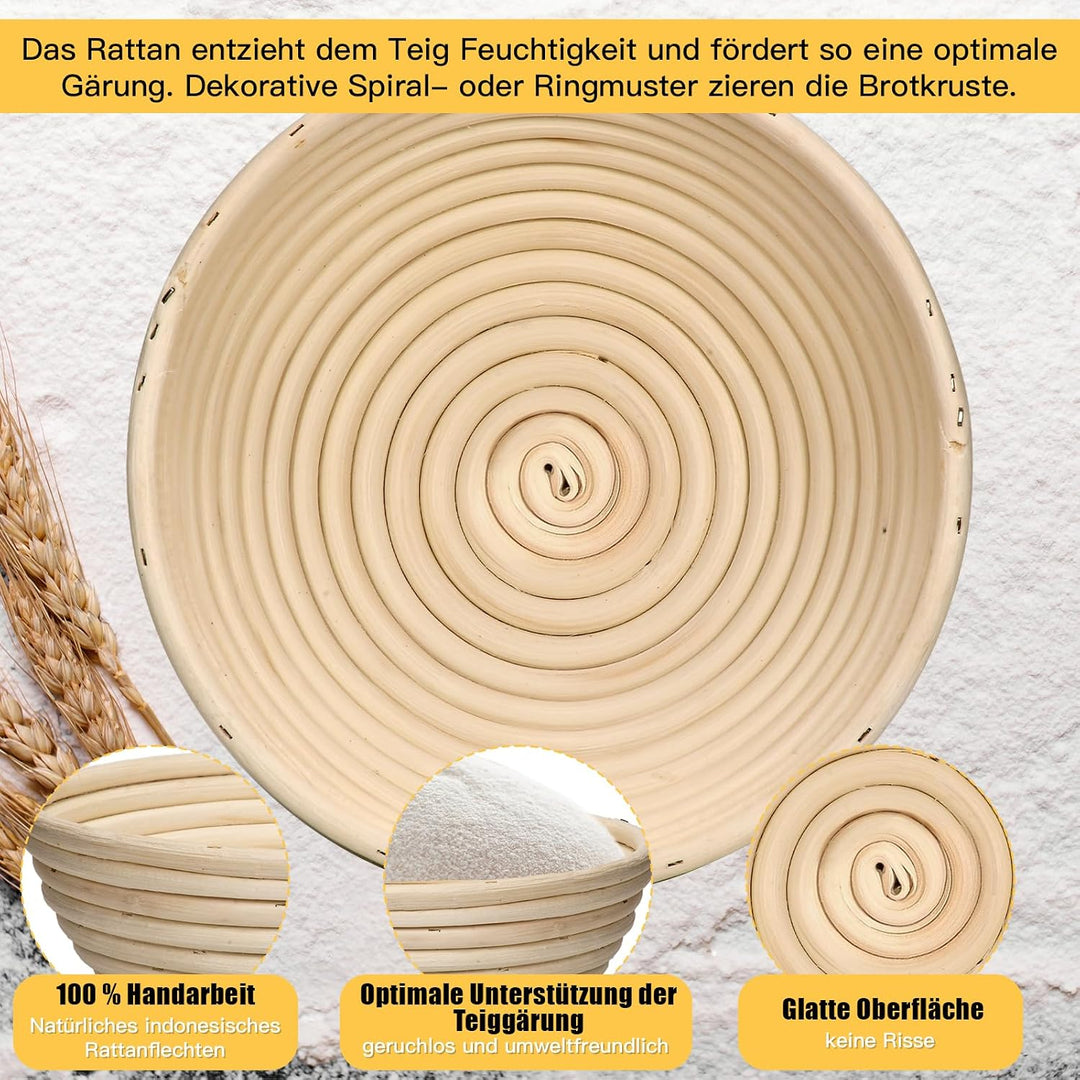 Gärkörbchen Set 3-teilig (23cm) rund, aus hochwertigem Rattan mit Leinen-Einsätzen – Sauerteig Gärko
