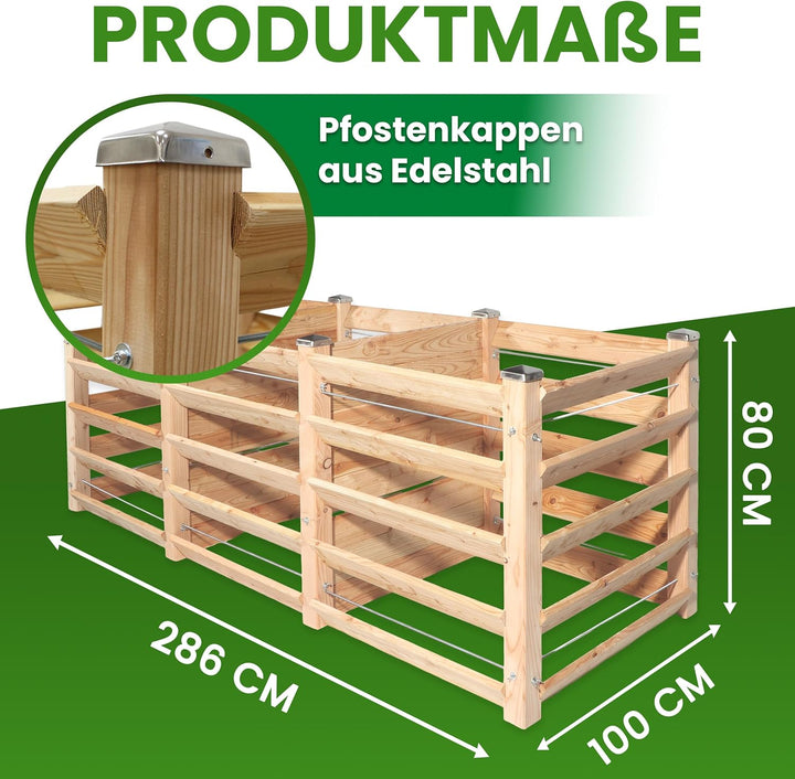 Moderner Komposter Trio ca. 100 x 286 cm Höhe 80 cm aus Lärchenholz Massivholz Steckkomposter Holzko
