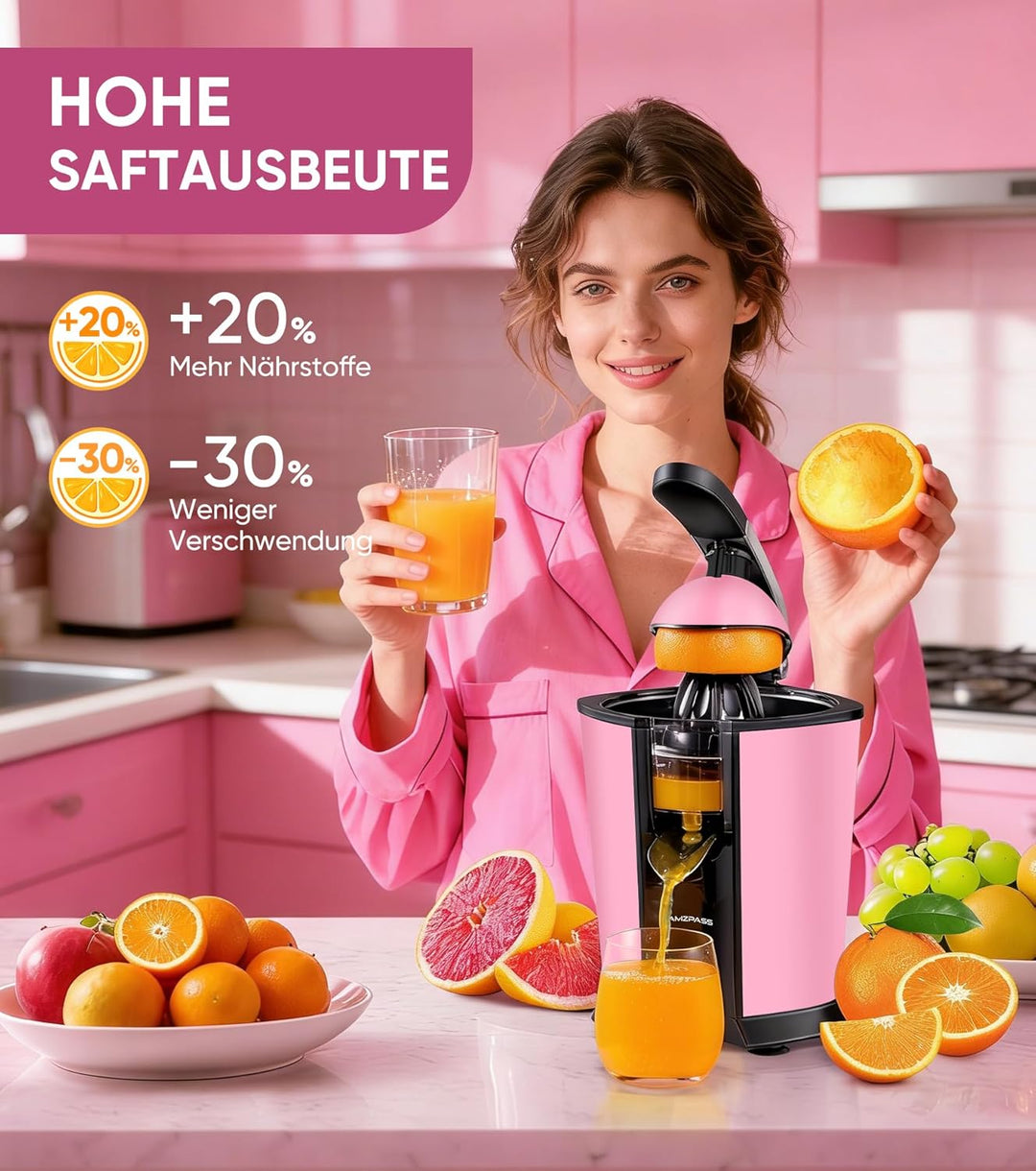 Elektrischer Zitruspresse, Zitrusentsafter mit 2 Aufsätzen und Soft-Griff für müheloses Entsaften, G