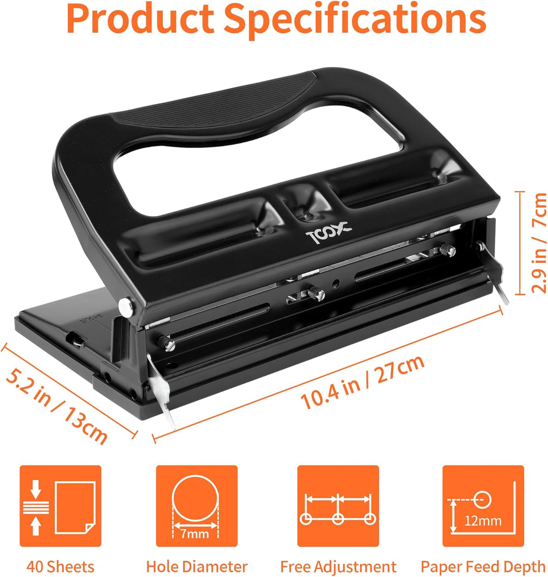 XOOL 3-fach Büro Locher für 40 Blatt, verstellbarer Locher aus Metall, Ergonomisches Design Büroloch