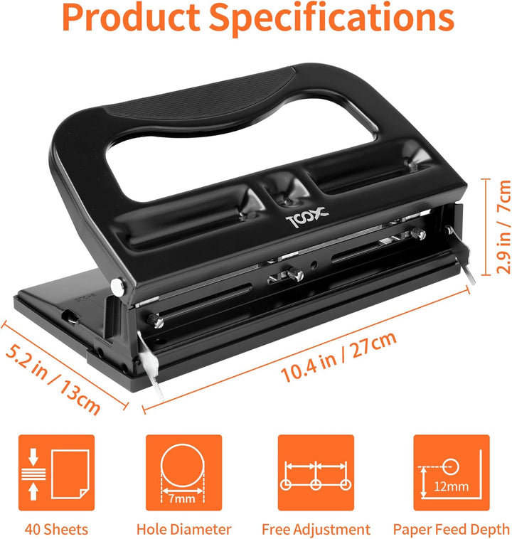 XOOL 3-fach Büro Locher für 40 Blatt, verstellbarer Locher aus Metall, Ergonomisches Design Büroloch
