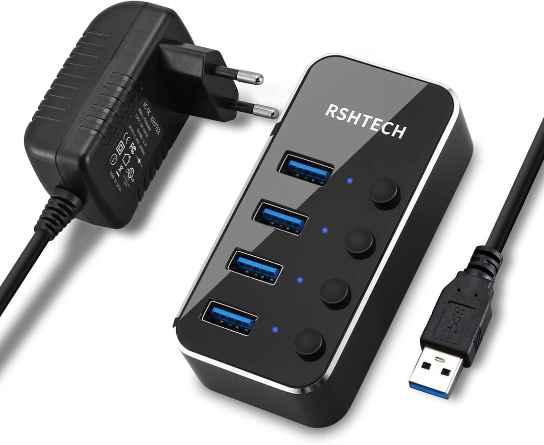 RSHTECH USB Hub Aktiv 3.0 mit Netzteil, USB 3.0 Hub Aktiv mit 4 Ports USB Verteiler 3.0 Datenhub mit
