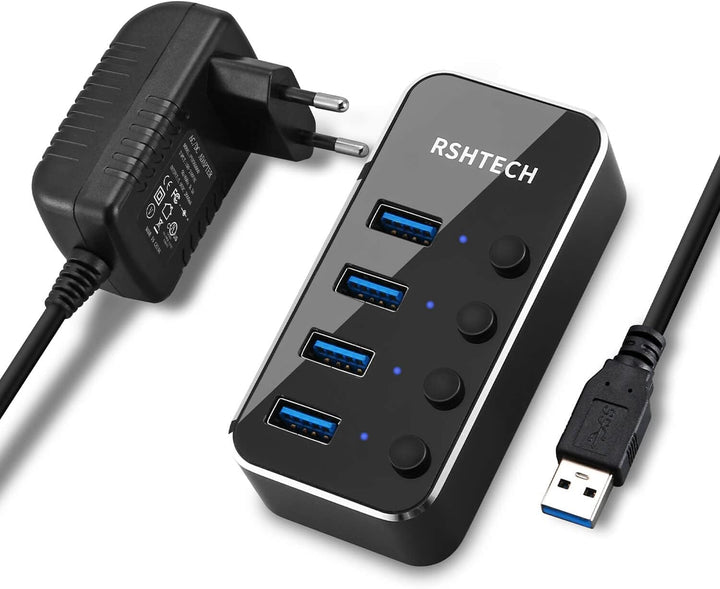 RSHTECH USB Hub Aktiv 3.0 mit Netzteil, USB 3.0 Hub Aktiv mit 4 Ports USB Verteiler 3.0 Datenhub mit