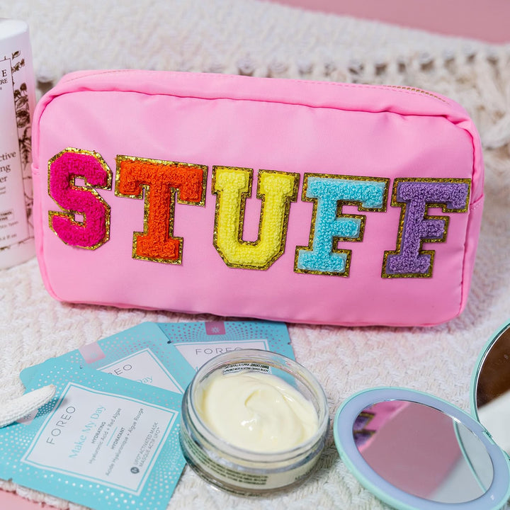Fablinks Make-up-Tasche, Preppy mit Chenille-Buchstaben, Nylon mit Reissverschluss, für Hautpflege,