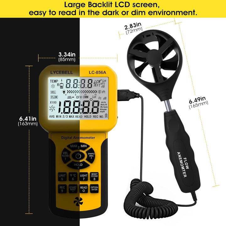 LYCEBELL Digital Anemometer, LC-856A Handheld Windmesser misst Windgeschwindigkeit, Windfluss, Tempe