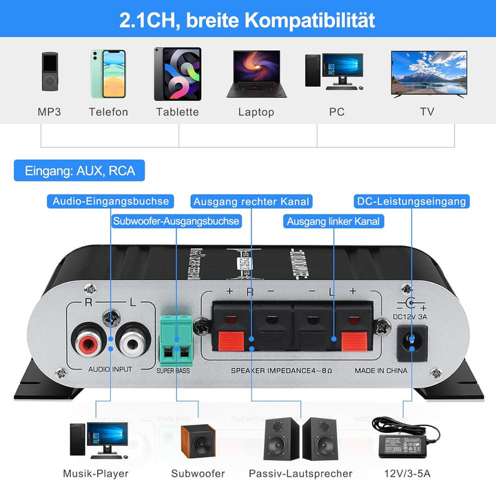 HiFi Audio Verstärker,2.1CH Stereo Verstärker,RMS 20Wx2+40W ST-838 mit Subwoofer Ausgang KlasseD Min