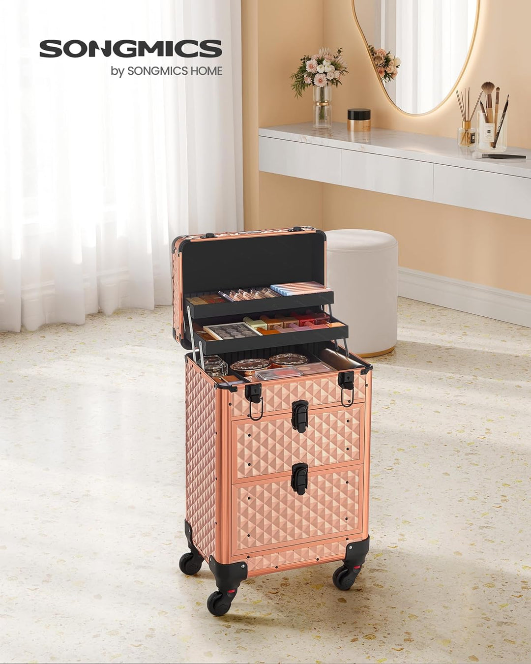 SONGMICS Kosmetikkoffer Trolley, Schminkkoffer 2 Schubladen, Friseurkoffer gross, Make-up Koffer, 34