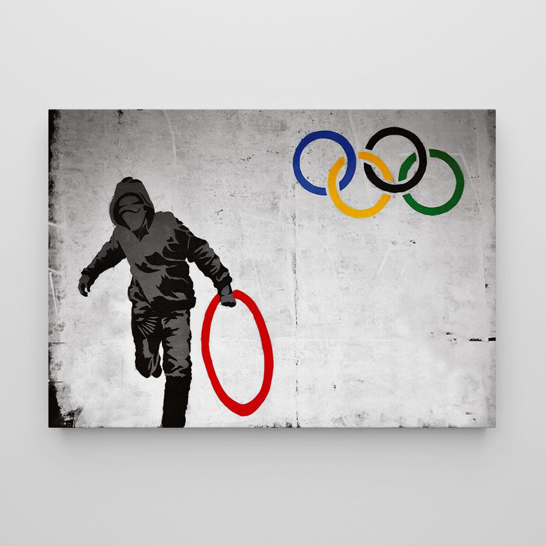 Giallobus - Gemälde - Banksy - - Standardleinwand - 50x35-11 - Olympischer Kreis - Bereit zum Aufhän